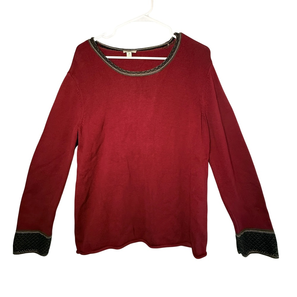 J Jill Wine Red 100% Cotton Sweater M Textured Trim Cozy Classic